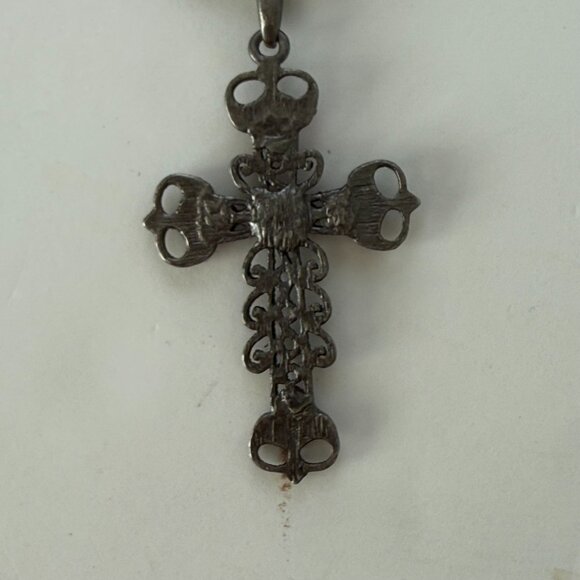 Antique-Style Cross Pendant Necklace With Pink Rhinestones On Black Cord - Picture 4 of 4